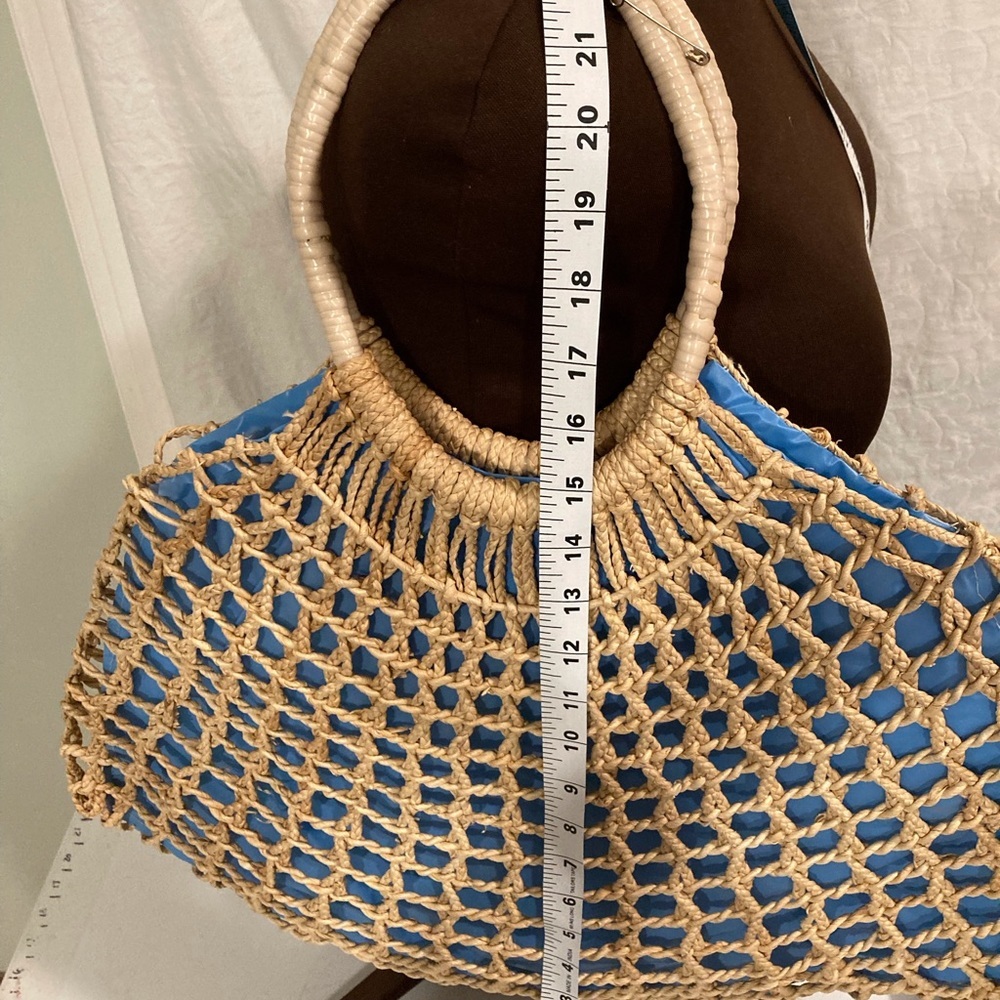 Boho Woven Purse Shopping Tote Lined With Blue Plastic Beach Tote Macrame Look - Picture 11 of 16